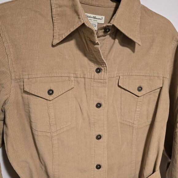 Vintage 90s Y2K Eddie Bauer Corduroy Dress Button Down Long Sleeve Tan Medium Wo - Picture 2 of 10